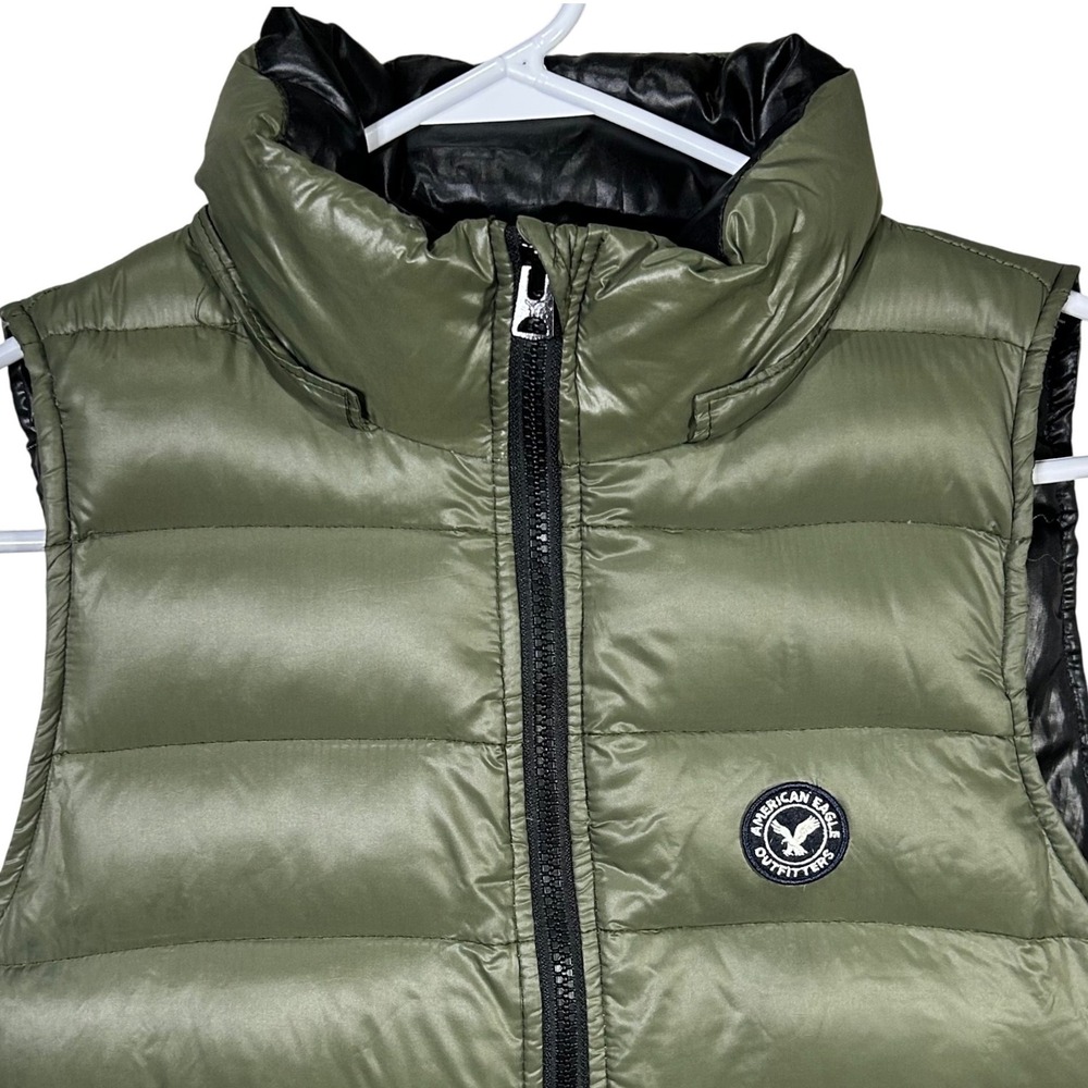 American Eagle Outfitters Women's Puffer Vest Olive Green Zip Logo Patch Size S